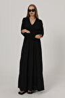 leyla sanat sanata yeni bir bakış açısı Önü Yarım Düğmeli Uzun Kol Kemerli Elbise - Siyah
