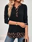 leyla sanat sanata yeni bir bakış açısı Kadın Uzun Kollu Yakadan Düğmeli Leopar Detaylı Kaşkorse Bluz