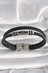 316L Çelik Gümüş Renk Aksesuarlı Çift Sıra Siyah Burgu Desenli Deri Kordon Erkek Bileklik - TJ-EB3707