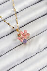 316L Çelik Zirkon Taşlı Arı Detaylı Pembe Çiçek Model Gold Renk Kadın Kolye - TJ-BKO10442