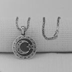 Gravür İşlemeli Siyah 925 Ayar Erkek Gümüş Büyük Boy Ay Yıldız Kolye