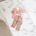 dikine çizgili keten üçlü takım