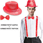 Kırmızı Payetli Şapka ve Papyon Seti – Parıltılı Yetişkin Kostüm Seti