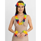 Rengarenk Hawaii Kolye Taç Bileklik Seti 4 Parça