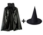 Siyah Yakalı Pelerin ve Siyah Cadı Şapkası Seti Çocuk Boy
