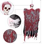 Led Işıklı Kahkaha Atan Sesli Sensörlü Ürpertici Kuru Kafa Kanlı Korku Hayalet Saçak Dekor 90x50 cm