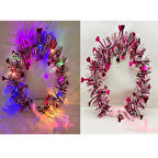 Kalp Püsküllü Gece Parıltısı 3 Modlu LED li Işıklı Taç Fuşya Renk