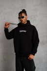 Erkek Baskılı Kapüşonlu  iplik pamuklu hoodie Sweatshirt - Siyah