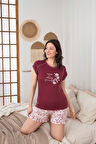 Kadın Düğmesiz Bisiklet Yaka Yazlık Kısa Kollu Mini Şortlu Pijama Takımı