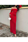 Kadın Kırmızı Madonna Yaka Vücuda Oturan Esnek Uzun Kollu Maxi Uzun Elbise Günlük Basic Uzun Elbise
