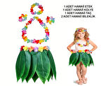 Çocuk Hawaii Kostüm Seti - Yaprak Etek Hawaii Set - 5 Parça