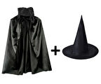Siyah Yakalı Pelerin Ve Siyah Cadı Şapkası Seti Çocuk Boy