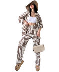 Alt Üst Takım Kimono- Desenli-Kahverengi
