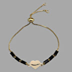 Şıklığın Sembolü Kalp Motifli ve Siyah Taş Desenli 14 Ayar Altın Plakalı Zülfikar Bilekliği