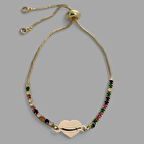 Adaletin ve kudretin sembolü, Kalp Figürlü ve Renkli Taşlı 14 Ayar Altın Plakalı Zülfikar Bilekliği