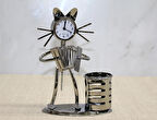 Metal Akordiyon Çalan Müzisyen Kedi Müzisyen Saat Ve Kalemlik