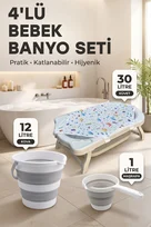 4'LÜ Bebek Yıkama Seti Kaymaz Taban, Katlanır Akordiyon Bebek Banyo Seti Gri