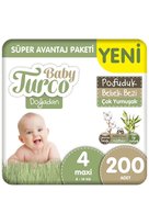 Baby Turco Doğadan Süper Avantaj Paketi Pofuduk Bebek Bezi 4 Numara Maxi 200 Adet