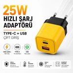 25W Hızlı Şarj Adaptörü Type-C + USB Çift Girişli Akıllı Şarj Başlığı Kompakt Tasarım