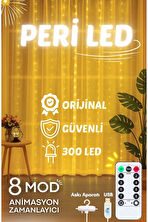 Perde Led Aydınlatma 3mx3m Kumandalı 8 Fonksıyonlu 300 Ledli 10 Sarkıtlı Peri Ledi Usb Girişli