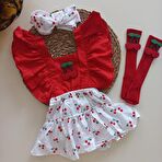 MARS BABY Kız Bebek Kırmızı Kiraz Desenli Fırfırlı Salopet Bandana Figürlü Çorap Takım