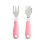 Munchkin Sıçrama Engelleyici Çatal & Kaşık Seti | 12 Ay+ | 2 Adet | Pembe | BPA İçermez | Masaya Değmeyen Özel Tasarım