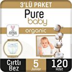 Pure Baby Organik Pamuklu Cırtlı Bez 3'lü Paket 5 Numara Junior 120 Adet