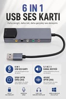 Coverzone | 6 in 1 USB Harici Ses Kartı,ENT  5.1 ve 7.1 Kanal, SPDIF Optik Giriş Çıkış, Mikrofon Line In Front Rear Center Bass, USB 2.0, 32/44/48kHz, AES/EBU IEC60958, Windows Mac Uyumlu | ZR1311