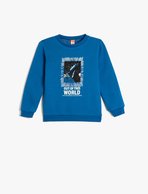 Sweatshirt Şardonlu Pamuklu Uzun Kollu Bisiklet Yaka Uzay Temalı Baskılı