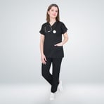 Unisex Siyah Esnek  Likralı Scrubs Cerrahi Doktor Hemşire Hastane Aşçı Üniforma Takım