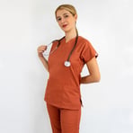 Unisex Kiremit Esnek  Likralı Doktor Hemşire Tek  Üst Forma