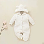 Kışlık Tatlı Kapşonlu Bebek Peluş Welsoft Tulum Beyaz | 0-3 AY