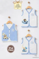 Erkek Bebek 3’lü Jakarlı Yelek Set Çıtçıtlı Bebek Yeleği Ayıcık Baskılı,Pamuklu,Yenidoğan Yelek Seti