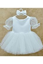 Kız Çocuk Beyaz Saten İncili Kabarık Elbise