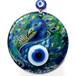 Tavus Kuşu Desenli Füzyon Cam Nazar Boncuklu El Yapımı Duvar Süsü