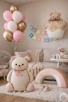 Ponçik Ayı Retro Gökkuşağı Balon Konsepti | Krem Ayıcık, Kek & Altın Pembe Pastel Set