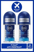 NIVEA MEN Erkek Roll-on Deodorant Fresh Active 25ml, 72 Saat Anti-perspirant Koruma, Seyahat Boyu, Ter Kokusuna Karşı Koruma, Aluminyum İçermez, X2 Adet