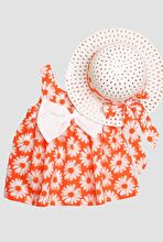 Şapkalı Papatya Çiçek Desenli Fiyonklu Esnek Kız Bebek Elbisesi