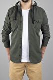 Kapüşonlu Slim Fit Erkek Kot Gömlek Haki