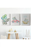 3’lü Tablo Sevimli Küçük Fil Temalı Dekoratif Duvar Tablo Seti-bk-36