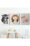 3’lü Tablo Sevimli Üç Hayvan Koleksiyonu Dekoratif Duvar Tablo Seti-cd-54