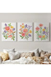Renkli Çiçekler Suluboya Görünümlü Dekoratif Duvar Tablosu Üçlü Set-eı-108