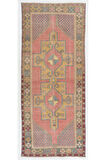 110x263 cm Eski El Yapımı Türk Köy Halısı, Yumuşak Kırmızı, Hardal Sarısı, Yeşil, Gri