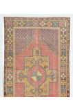 110x263 cm Eski El Yapımı Türk Köy Halısı, Yumuşak Kırmızı, Hardal Sarısı, Yeşil, Gri