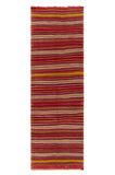 140x435 cm El Yapımı Renkli Çizgili Kilim Yolluk. Eski Kırmızı Koridor Halısı
