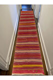 140x435 cm El Yapımı Renkli Çizgili Kilim Yolluk. Eski Kırmızı Koridor Halısı