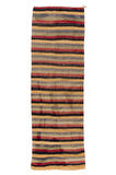 124x360 cm Sarı, Siyah, Kırmızı, Mavi ve Gri Eski Düz Dokuma Kilim Yolluk, Çizgili Halı