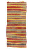 123x280 cm Sarı, Kırmızı ve Gri Çizgili Çizgili Eski El Dokuması Kilim Yolluk, %100 Yün Halı