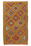 185x324 cm Göz kamaştırıcı Eski Kilim. Düz Dokuma Kilim. Kırmızı, Sarı, Yeşil, Gri Renklerde Kilim