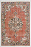 202x309 cm Eski El Düğümlü Türk Uşak Halı, Madalyonlu Kırmızı El Dokuması Halı